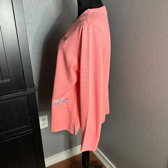 Quacker Factory Sweater Top Large Dragonfly Embellished Coral Pink 2-in-1 - Picture 4 of 8